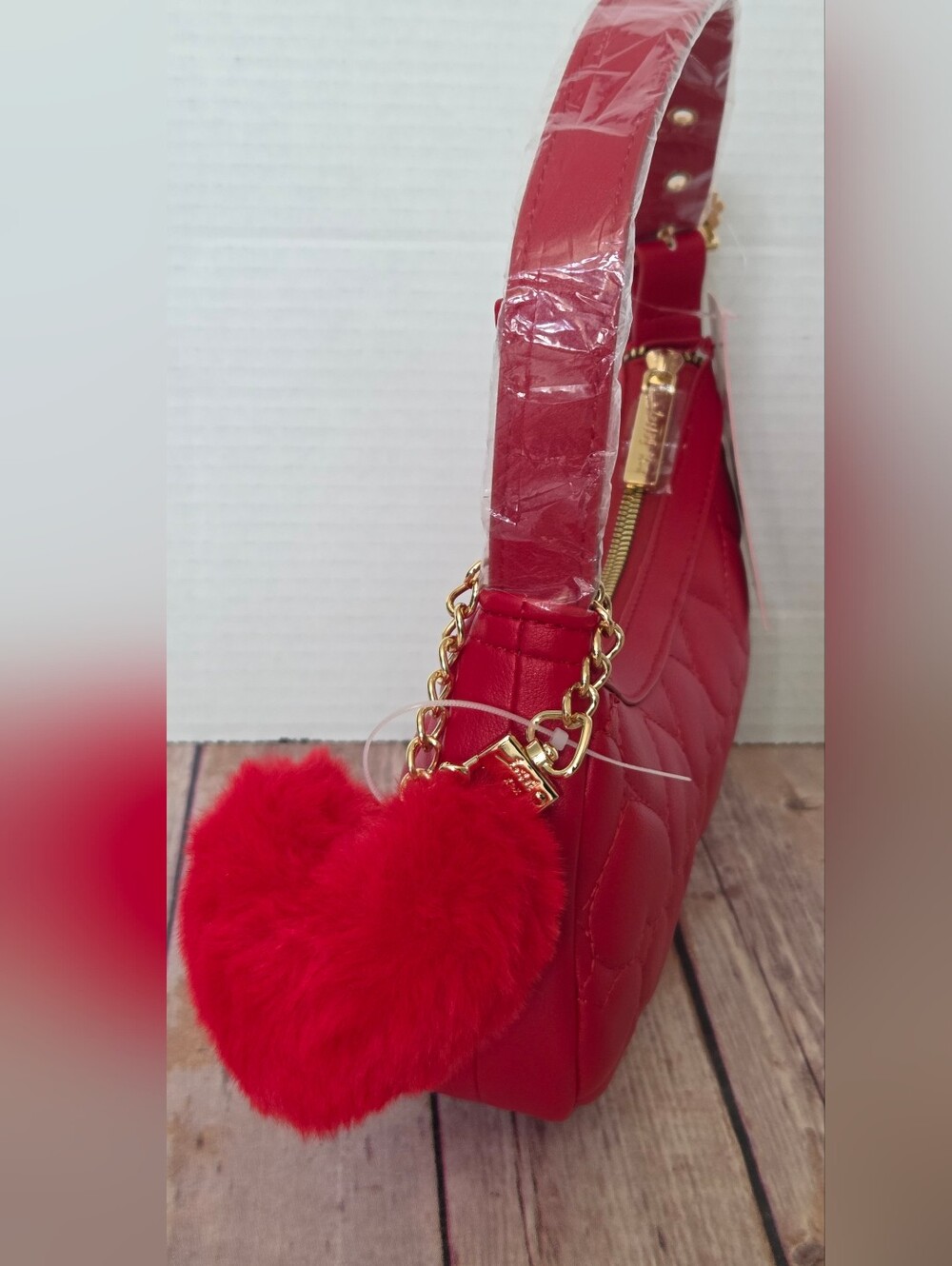 Betsey Johnson Red Quilted Heart Pom-Pom Shoulder Bag - Picture 14 of 16